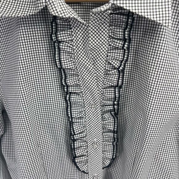 Foxcroft Wrinkle Free checkered Fitted Plaid Button Down Ruffle Blouse Size 10 - Picture 7 of 11